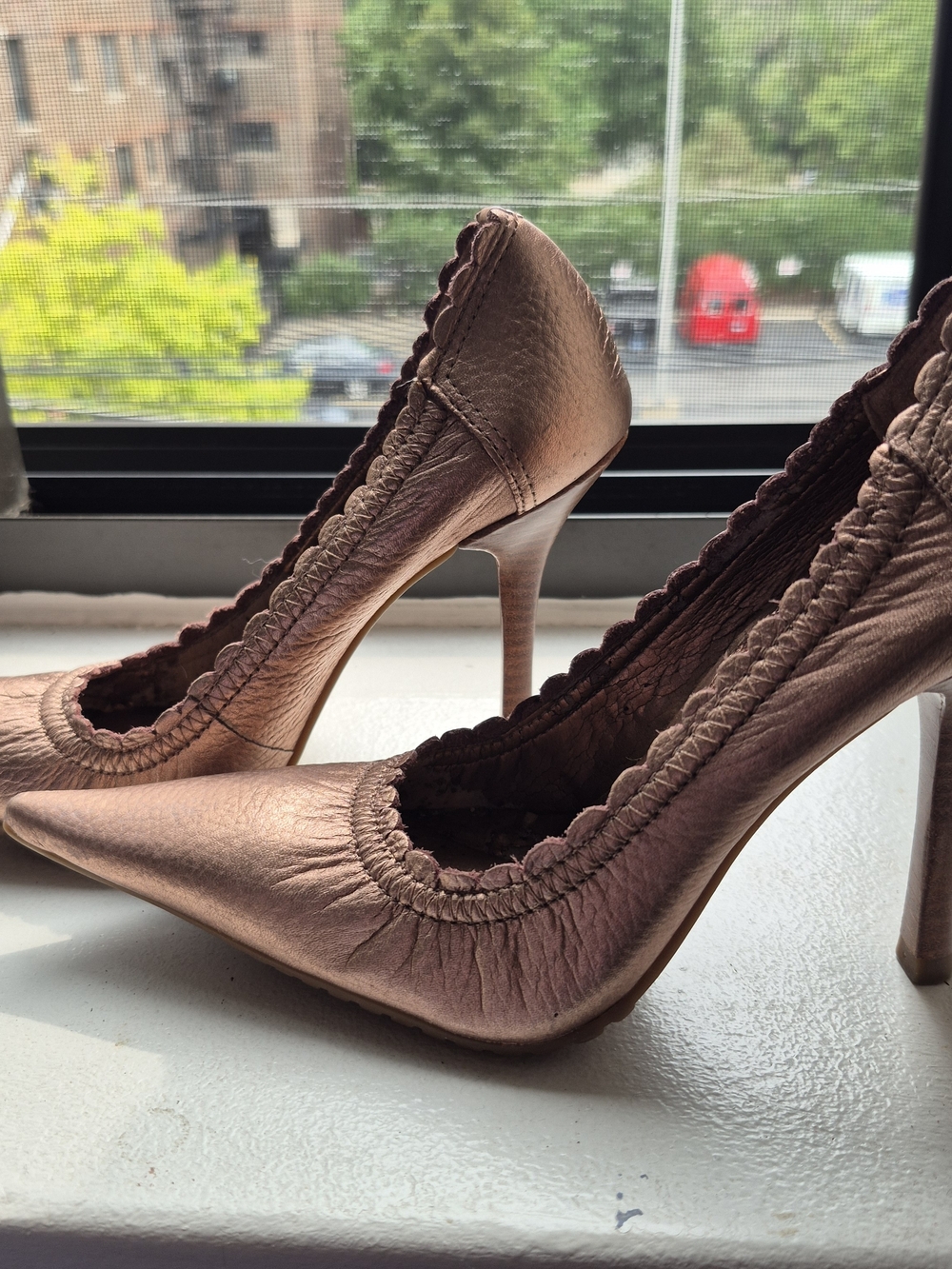 Aldo Metallic Rose Gold Pointed-Toe Scalloped Heels